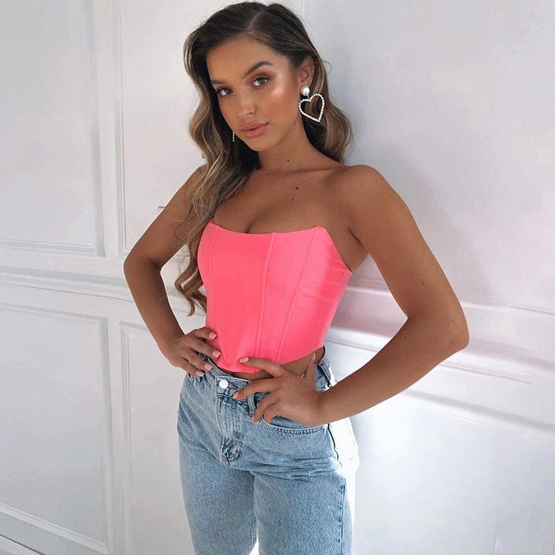Showlu Fashion women's strapless backless tube top, slim fit and midriff-baring, designed for a sexy, stylish look.