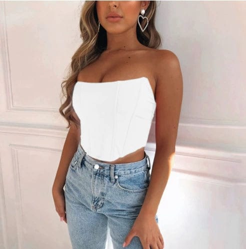Showlu Fashion women's backless slim fit strapless tube top, showcasing a bare midriff and sleek design for a stylish look.