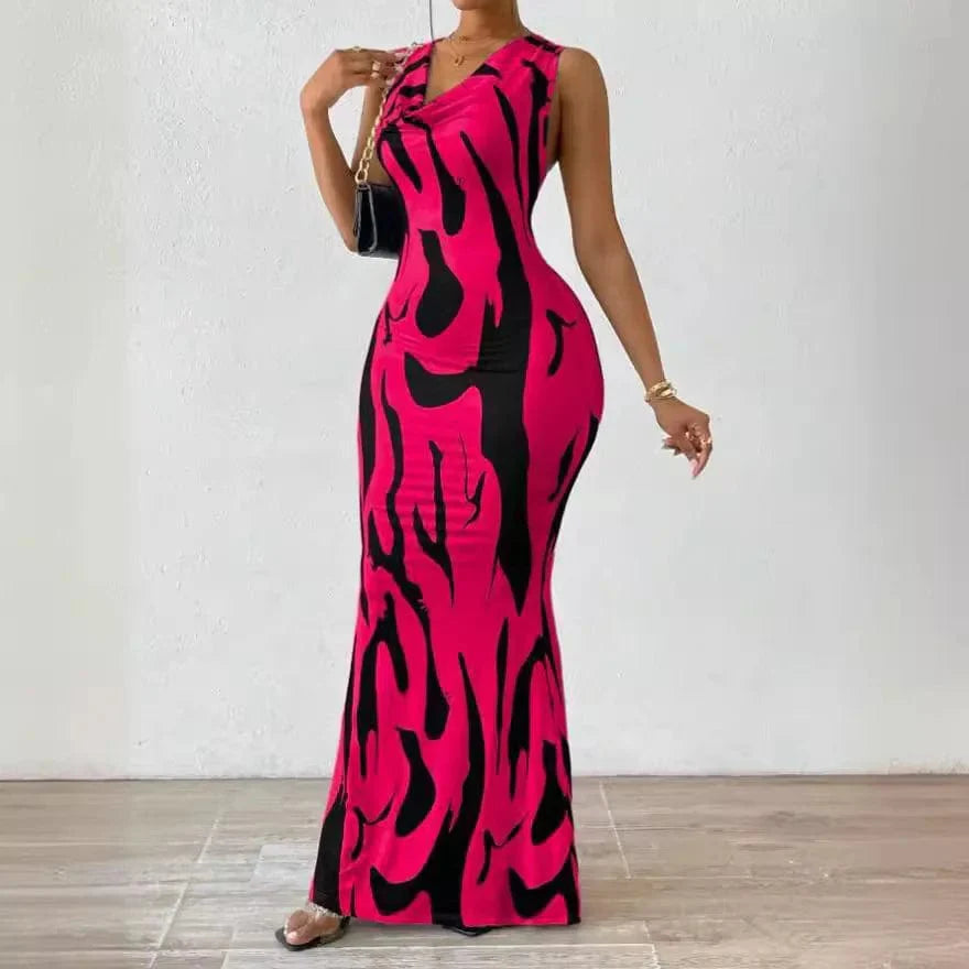 Huytrev women's sleeveless bodycon maxi dress with print, pile collar, slim fit, perfect for summer parties and evening wear.