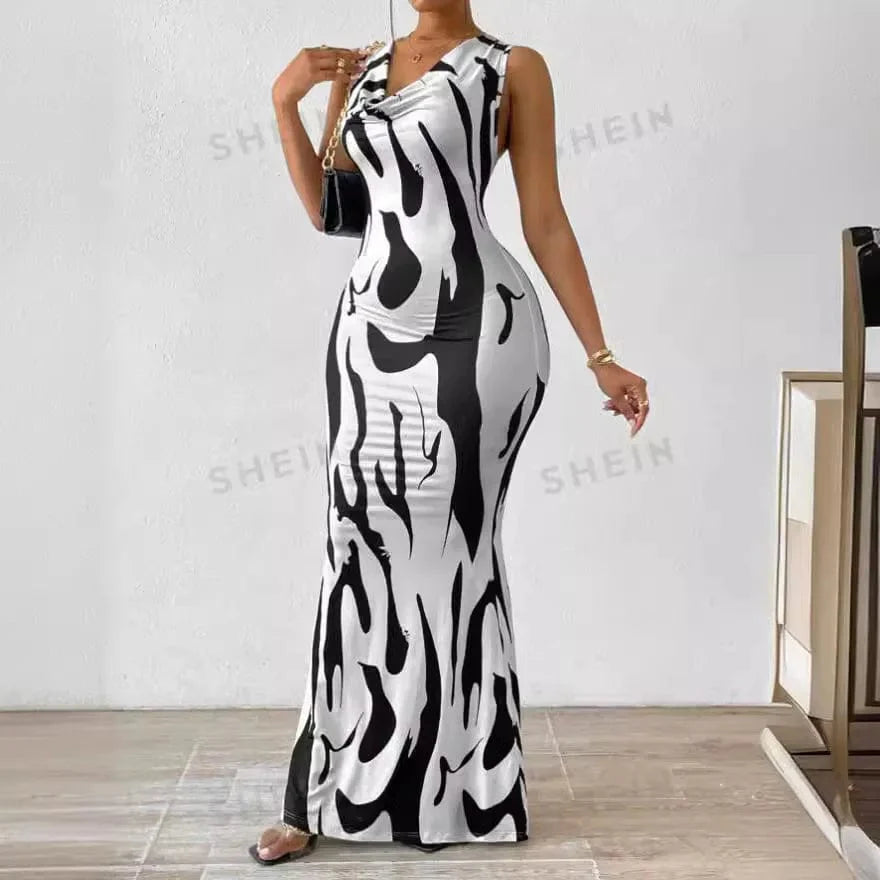 SHOWLU FASHION STORE Women's sleeveless bodycon maxi dress with a print, pile collar, slim fit, perfect for summer parties.