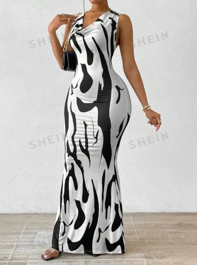 Huytrev Women's Sexy Bodycon Maxi Dress with sleeveless design, print pattern, and pile collar, perfect for summer parties.