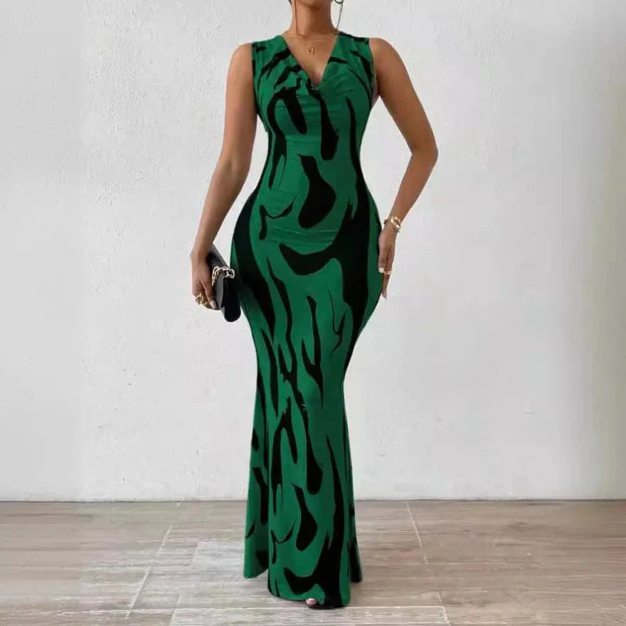 SHOWLU FASHION STORE women's sleeveless bodycon maxi dress with a print, pile collar, and slim fit for summer parties and events.
