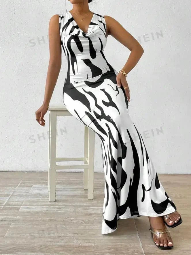 Huytrev women's sleeveless bodycon maxi dress with a pile collar and printed design, perfect for summer parties and evening wear.