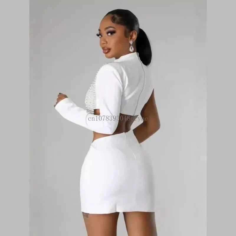 SHOWLU FASHION STORE women's pearl string mini dress, slim fit, long sleeve elegant party and clubwear for women.