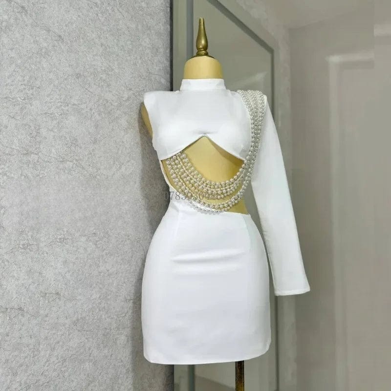 SHOWLU FASHION WOMEN'S Pearl String Mini Dress, slim fit sexy party clubwear with long sleeves, elegant for birthdays and nights out