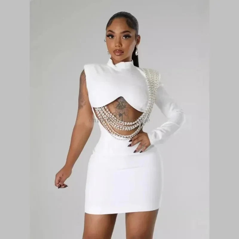 Elegant black CHNMR Women's Pearl String Mini Dress by SHOWLU FASHION featuring slim fit, long sleeves, perfect for party or clubwear.