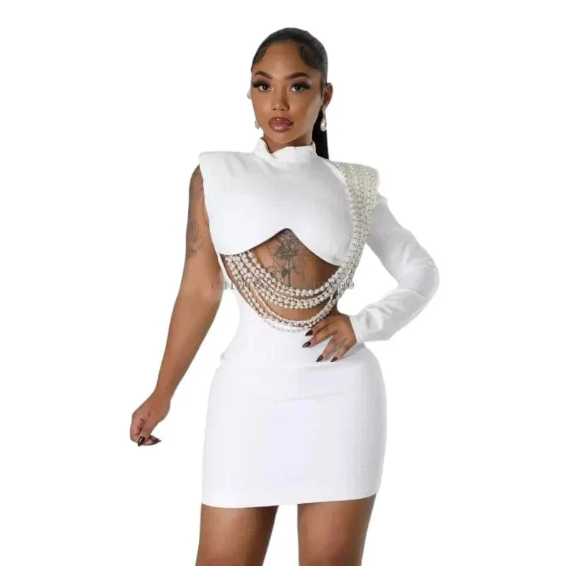 SHOWLU FASHION STORE women's pearl string mini dress, slim fit, full-sleeve elegant party clubwear for women, perfect for night events.
