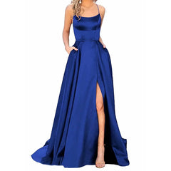 Sexy Deep Blue Prom Dresses Women's Long Dresses Sexy Criss - cross Satin Spaghetti Party Prom Dress Tie Formal Dresses for Women - SHOWLU FASHION STORE