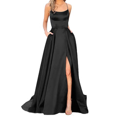 Sexy Deep Blue Prom Dresses Women's Long Dresses Sexy Criss - cross Satin Spaghetti Party Prom Dress Tie Formal Dresses for Women - SHOWLU FASHION STORE