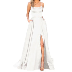Sexy Deep Blue Prom Dresses Women's Long Dresses Sexy Criss - cross Satin Spaghetti Party Prom Dress Tie Formal Dresses for Women - SHOWLU FASHION STORE