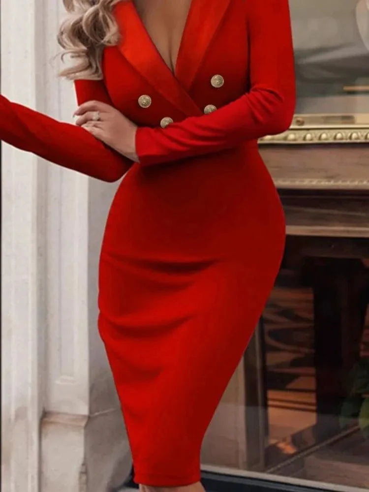 Owner Girl women's V-neck slim fit long sleeve sheath dress with buttons, perfect for autumn and winter fashion.
