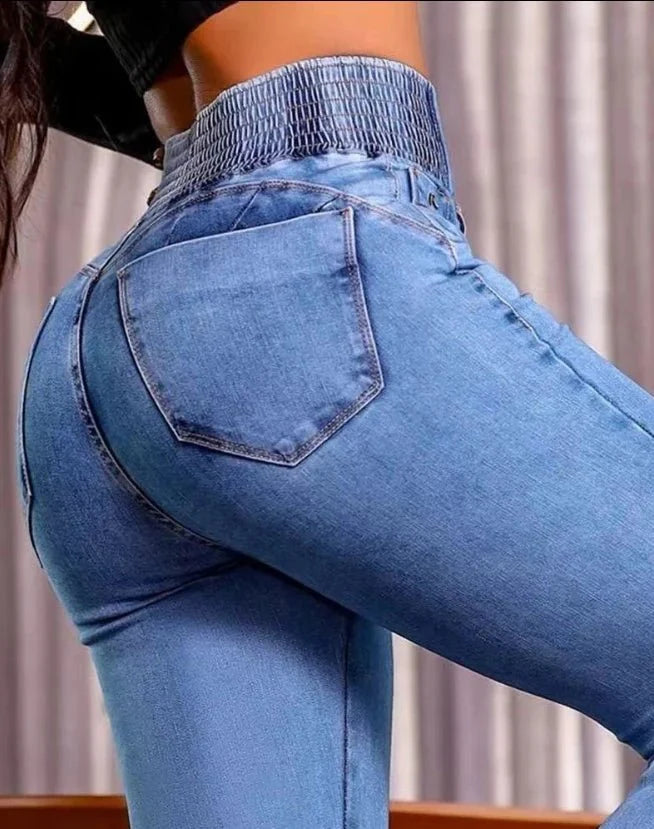 SHOWLU Women's high waist skinny denim jeans with back shirred and button front, casual and elegant in a modern 2024 fashion style.