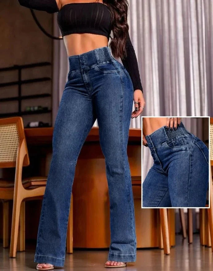 SHOWLU Women's high waist skinny denim jeans with back shirred detailing and button front, casual and elegant for 2024 fashion.
