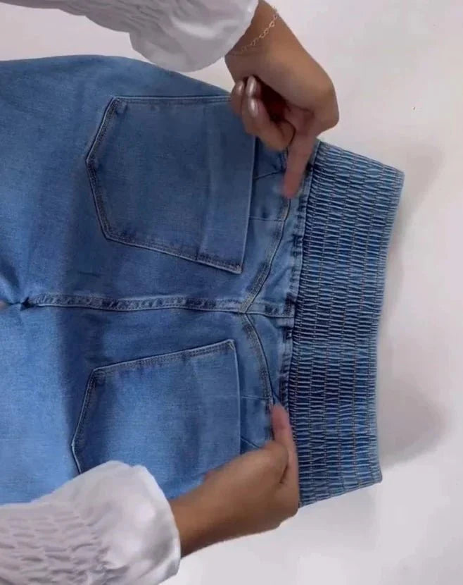 SHOWLU Women's high waist skinny denim jeans with back shirred detail and button front, casual and elegant for modern style.