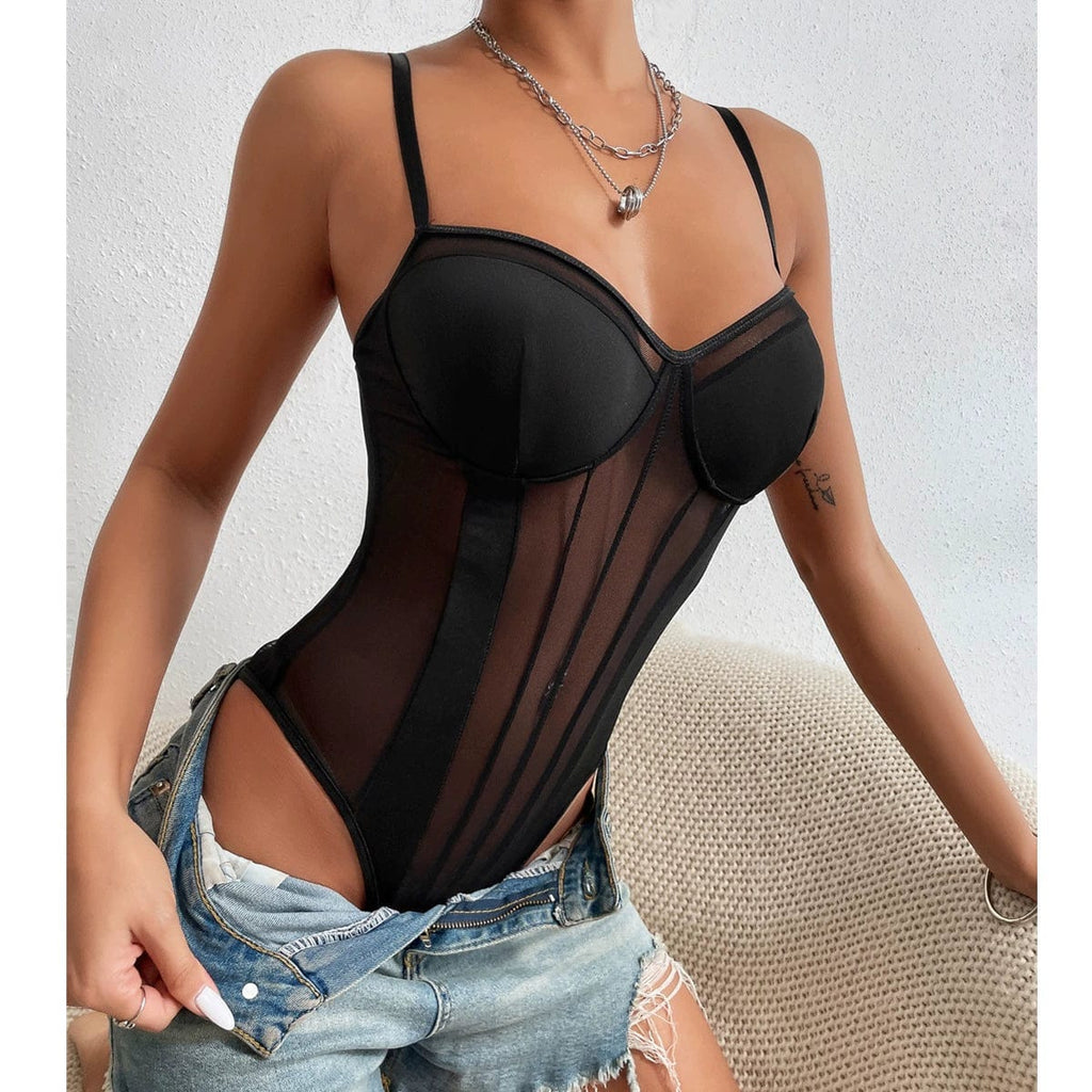 Women's backless gauzy lace jumpsuit with shorts by Showlu Fashion, featuring a sexy, stylish design and intricate lace details.