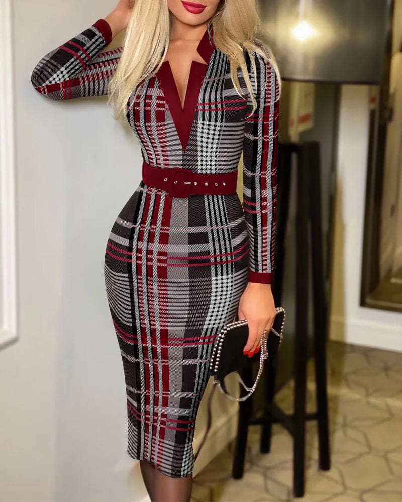 SHOWLU FASHION plaid V-neck knit midi pencil dress with long sleeves and belt, featuring a sexy geometric pattern for all seasons.