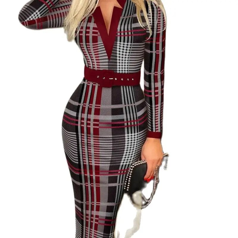 SHOWLU FASHION plaid V-neck knit midi pencil dress with belt, long sleeves, and geometric pattern, suitable for all seasons.