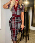 SHOWLU FASHION plaid V-neck knit midi pencil dress with belt, long sleeves, bodycon fit, stylish geometric pattern for all seasons