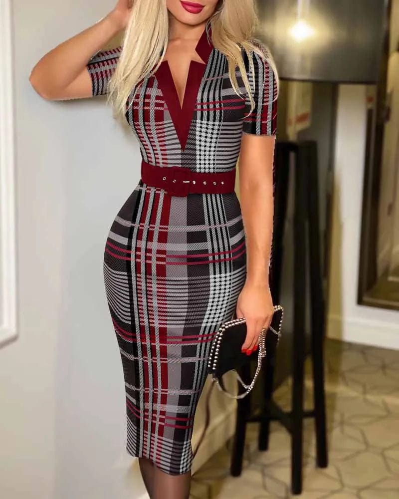 SHOWLU FASHION plaid V-neck knit midi pencil dress with belt, long sleeves, bodycon fit, stylish geometric pattern for all seasons