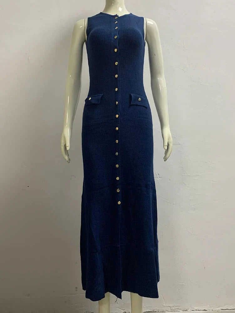 Apricot sleeveless maxi dress for women with high slit, round neck, elegant design, perfect for summer parties and beachwear.