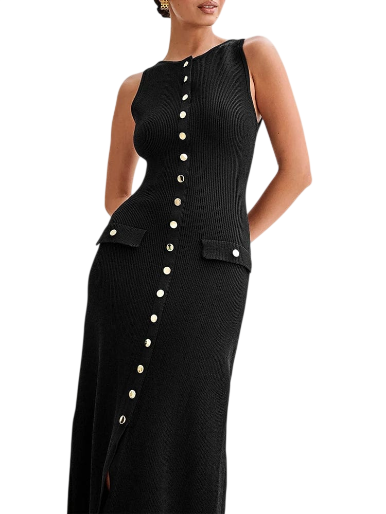 Showlu Fashion JULISSA MO women's apricot sleeveless maxi dress with high slit, round neck, perfect for summer parties and beachwear.