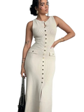 JULISSA MO women's apricot sleeveless maxi dress with high slit, round neck, perfect for summer, beachwear, or elegant parties.
