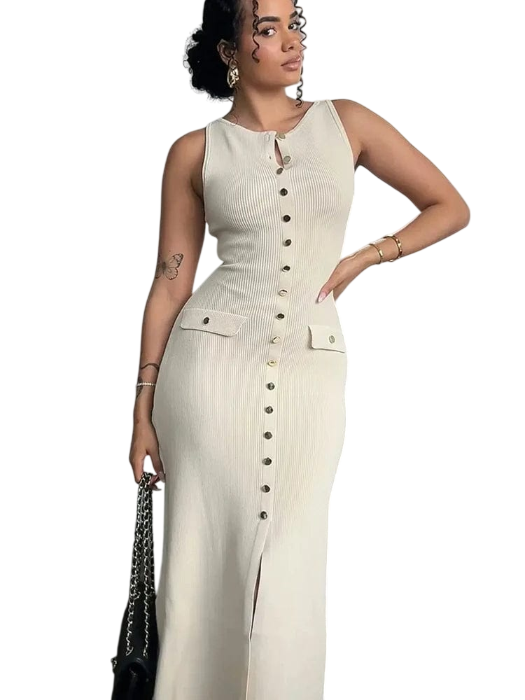JULISSA MO women's apricot sleeveless maxi dress with high slit, round neck, perfect for summer, beachwear, or elegant parties.