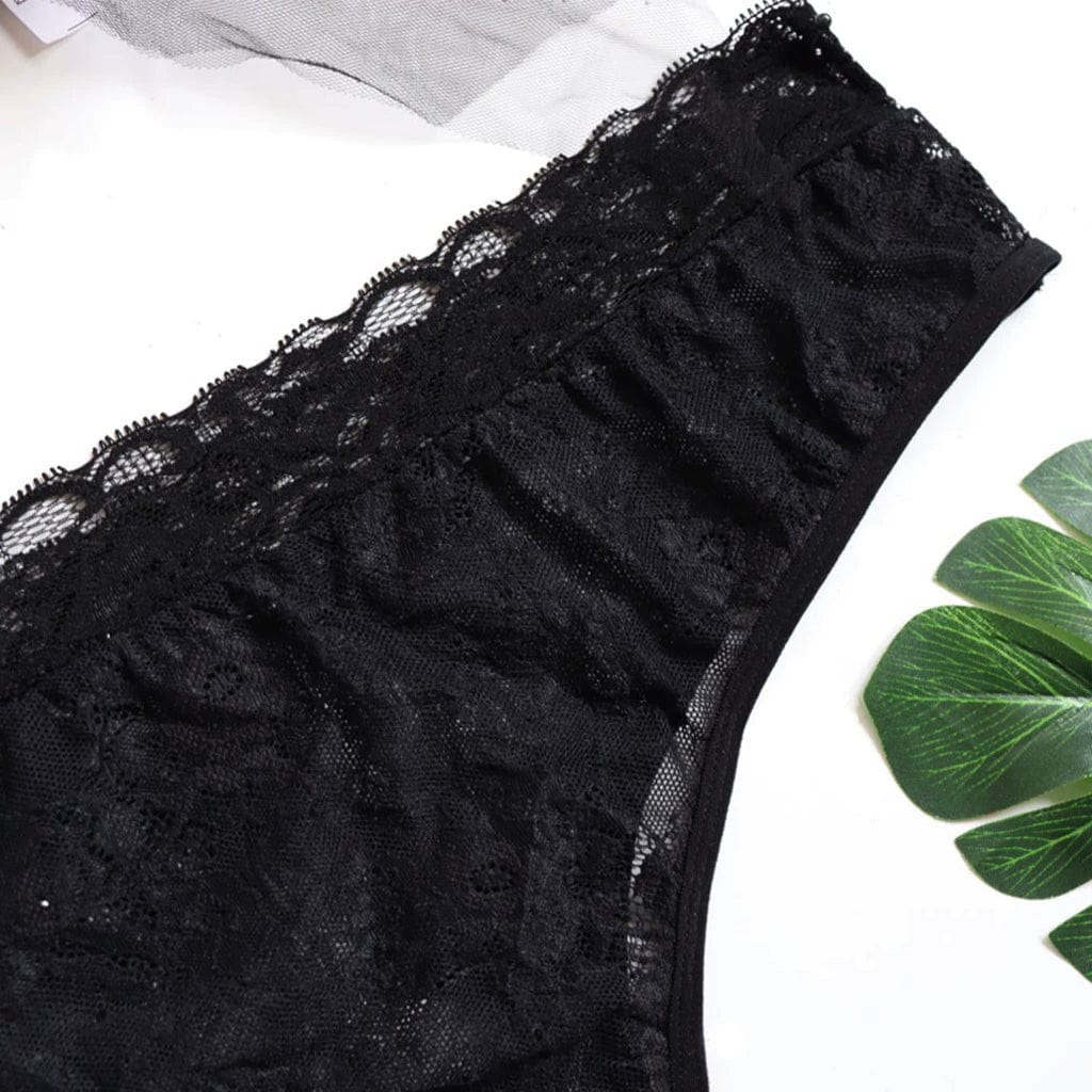 Showlu Fashion women's sexy lace hollow-out cut-out tight underwear set, featuring intricate lace details and a form-fitting design.