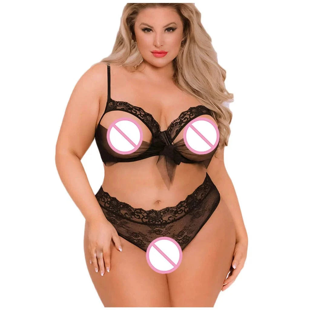 Showlu Fashion women's lace hollow-out cut-out tight underwear set, featuring sexy lace design and form-fitting style.
