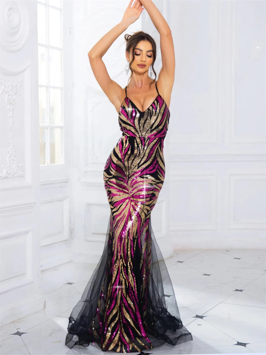 SHOWLU FASHION STORE V-Neck A-Line Mesh Prom Gown with sleeveless design and lace-up detail, perfect for evening parties.