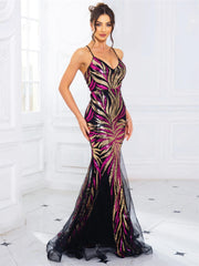 Sexy Luxury V Neck Prom Gown Lace Up Sleeveless Multi Color A Line Mesh Evening Party Maxi Dress - SHOWLU FASHION STORE