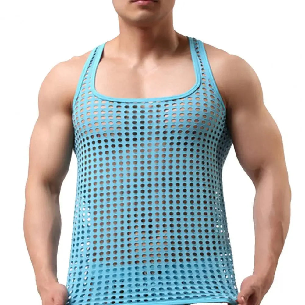 SANWOOD men's mesh fishnet undershirt with hollow-out design, sleeveless sleepwear vest, lightweight and breathable fabric.