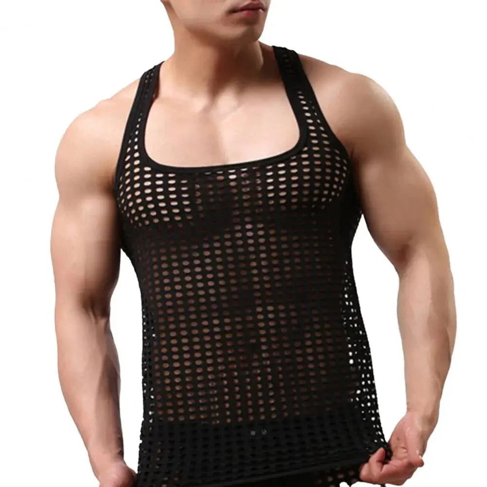 Men's mesh fishnet undershirt by SANWOOD, hollow-out sleeveless vest, breathable sleepwear with a sheer, fishnet design.