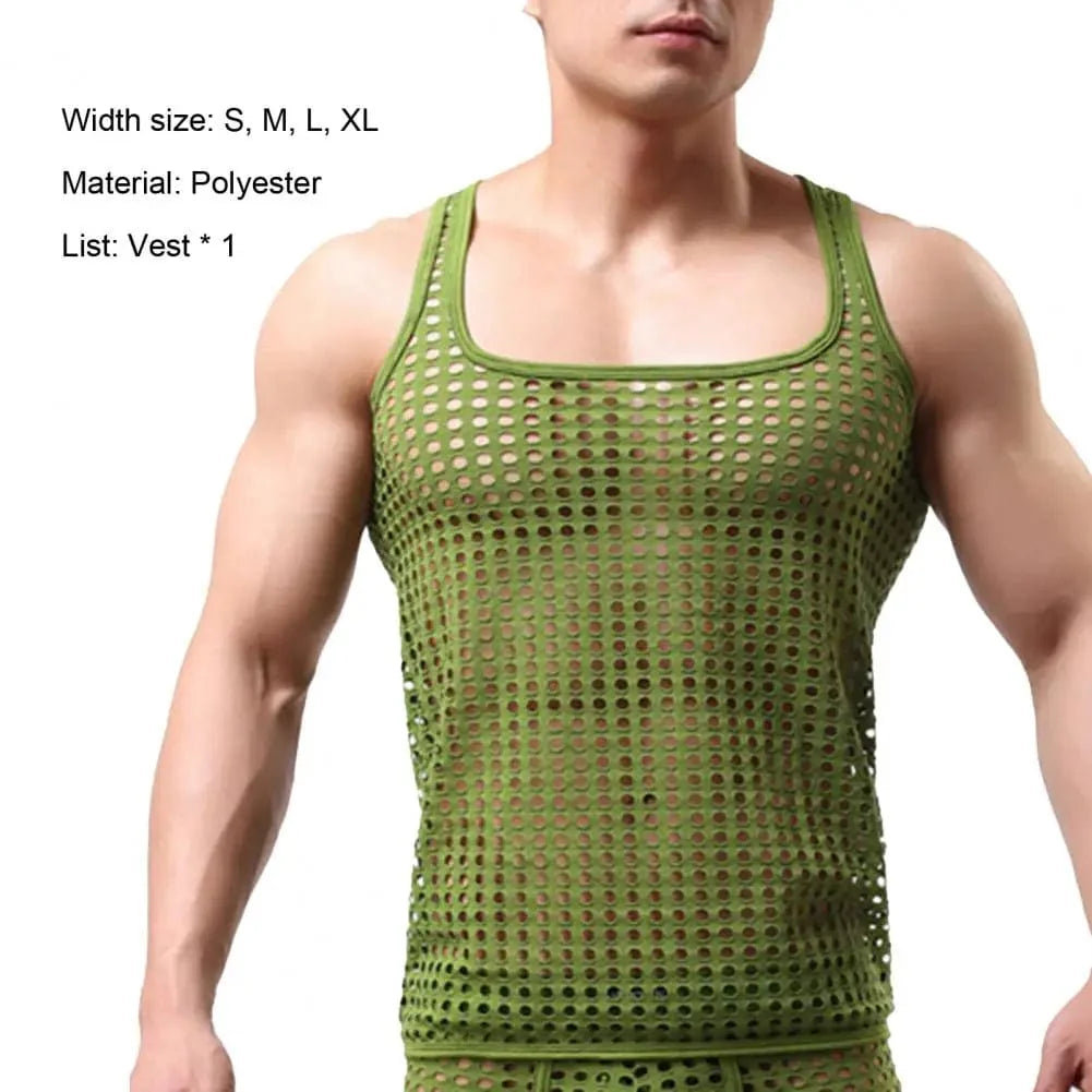 Sanwood men's mesh fishnet undershirt with hollow-out design, sleeveless sleepwear vest, black, featuring breathable, see-through fabric.