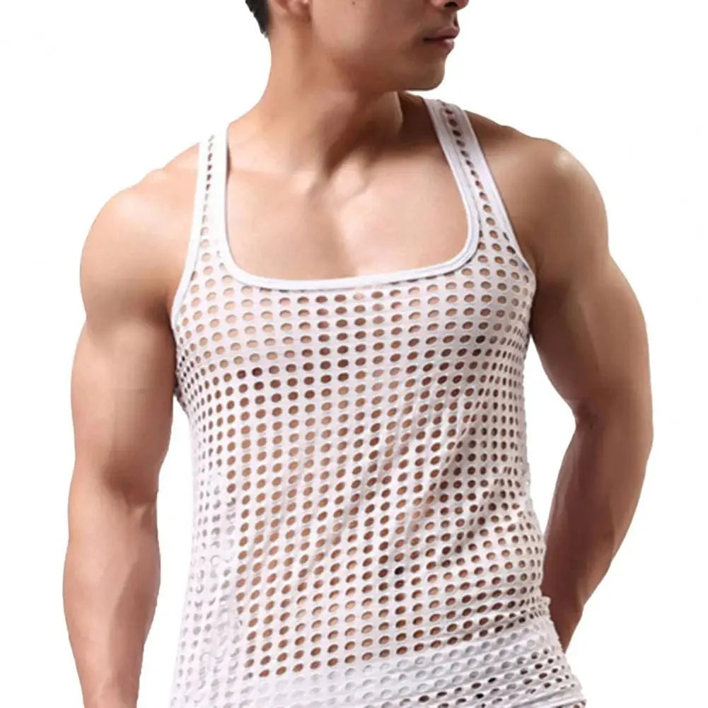 Sanwood men's mesh fishnet undershirt with hollow-out design, sleeveless sleepwear vest in a solid color, ideal for stylish layering.