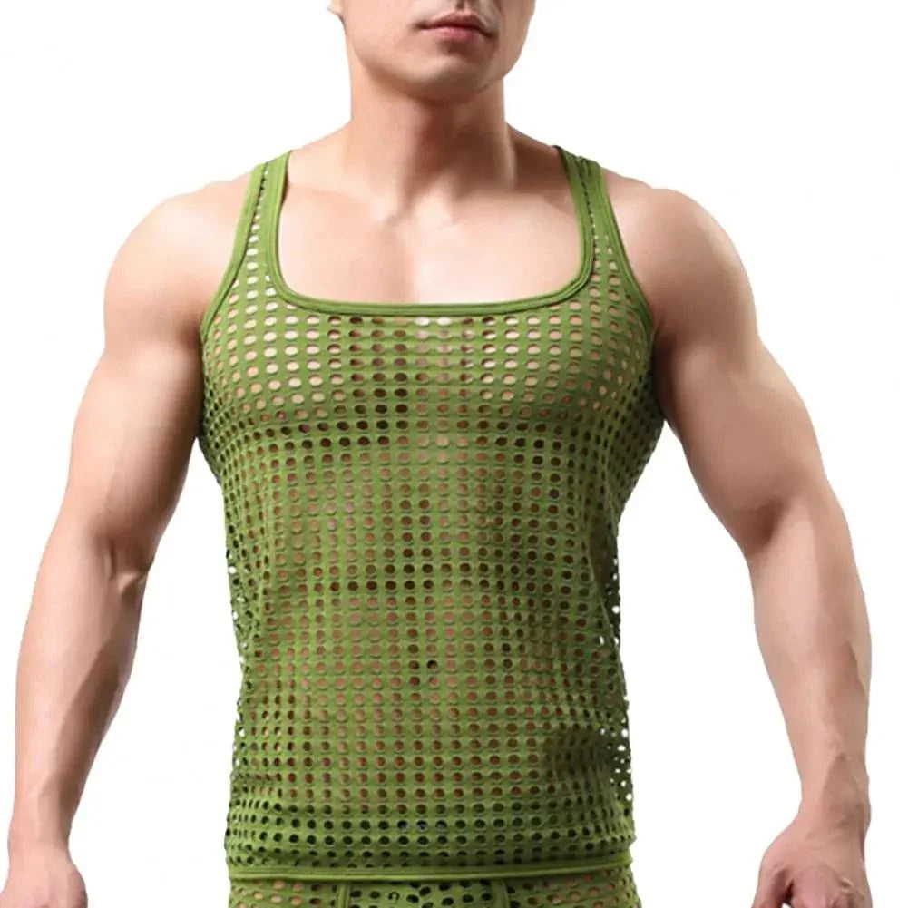 Men's black mesh fishnet undershirt vest with hollow out design, sleeveless sleepwear vest, lightweight and breathable fabric.