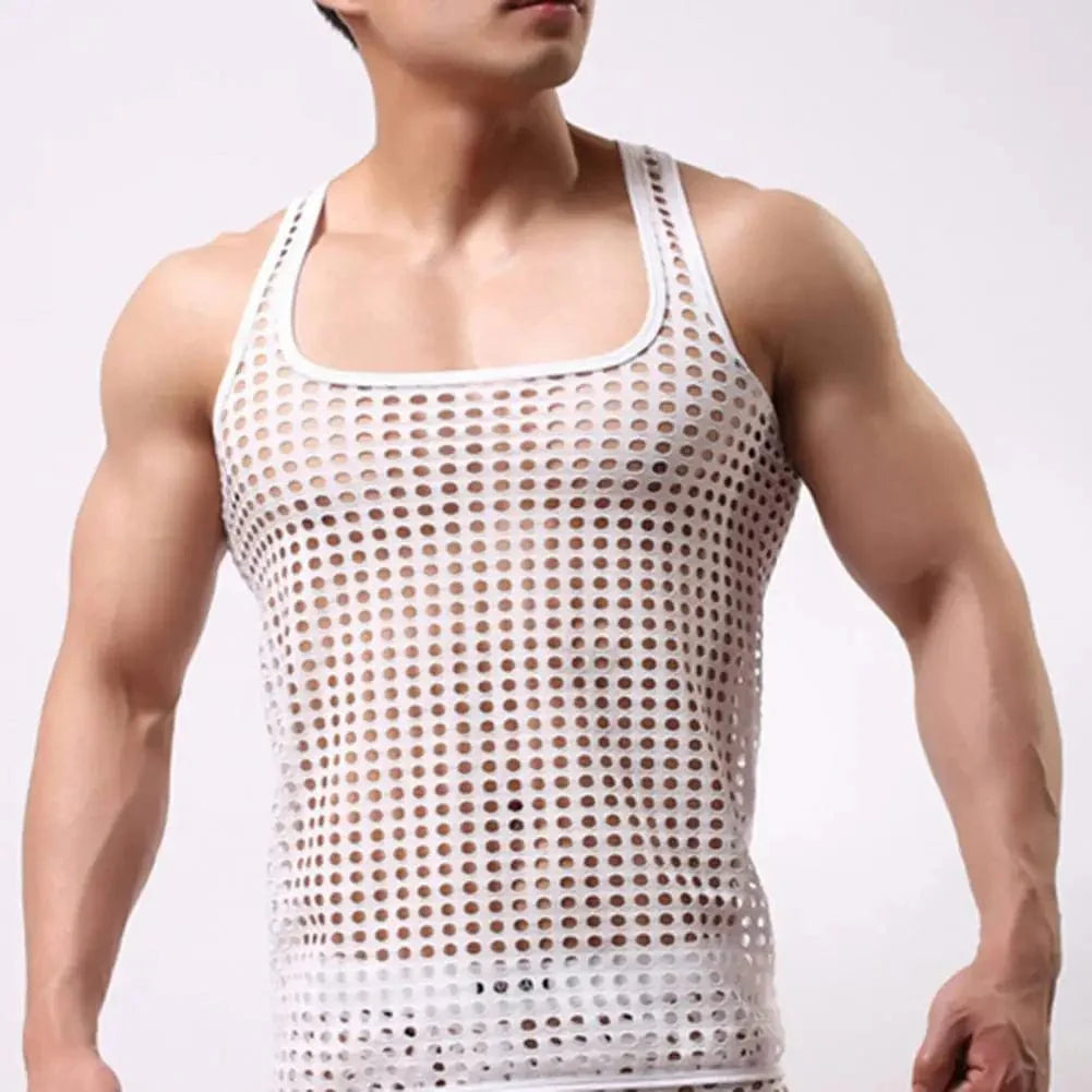 Sanwood men's mesh fishnet undershirt, hollow-out sleepwear vest in a solid color, featuring breathable fishnet fabric.