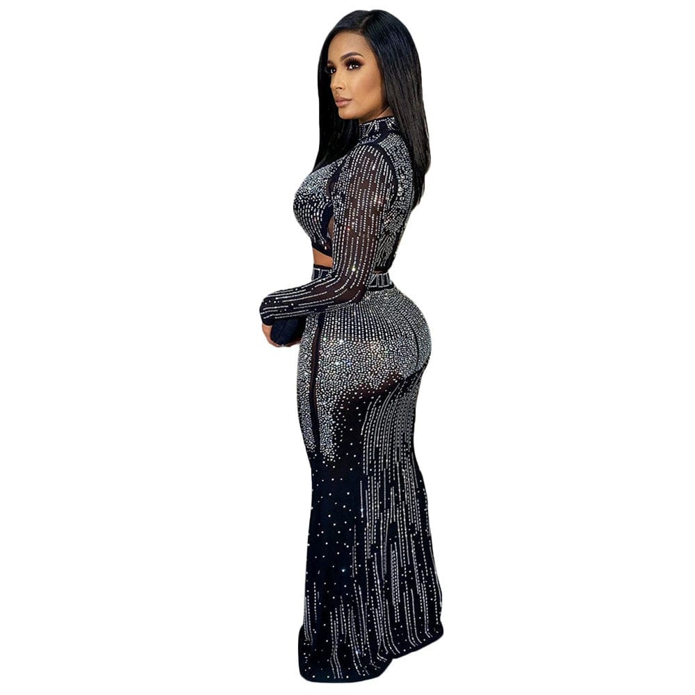 Showlu Fashion sexy mesh long sleeve rhinestone two-piece dress, fitted design with sparkling accents and stylish silhouette.