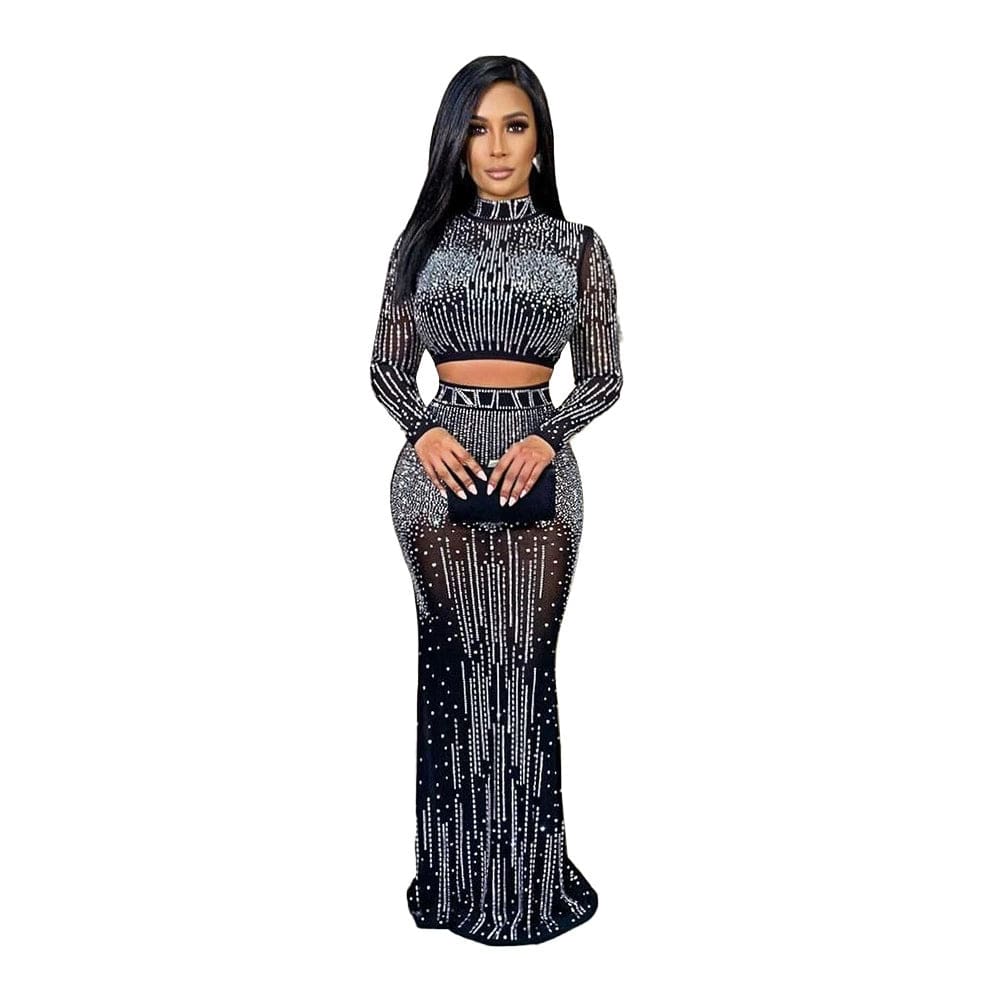 Sexy mesh long sleeve two-piece dress with rhinestones by Showlu Fashion, featuring a fitted design and shimmering embellishments.