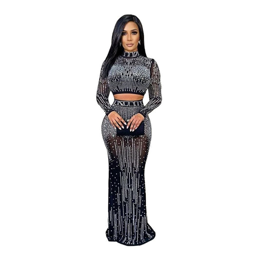 Sexy Mesh Long Sleeve Rhinestone Dress Two Pieces Dress New - SHOWLU FASHION STORE