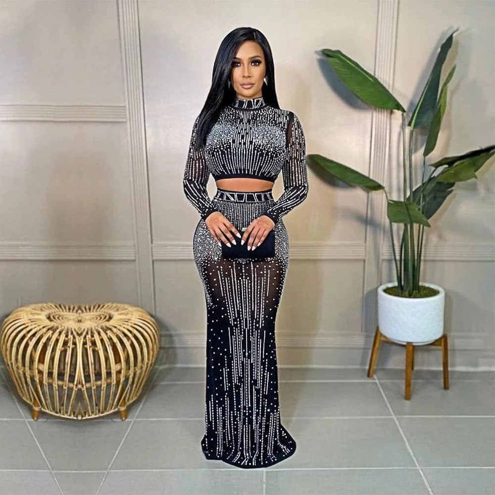 Showlu Fashion sexy mesh long sleeve two-piece dress with rhinestone embellishments, form-fitting and stylish for evening wear.
