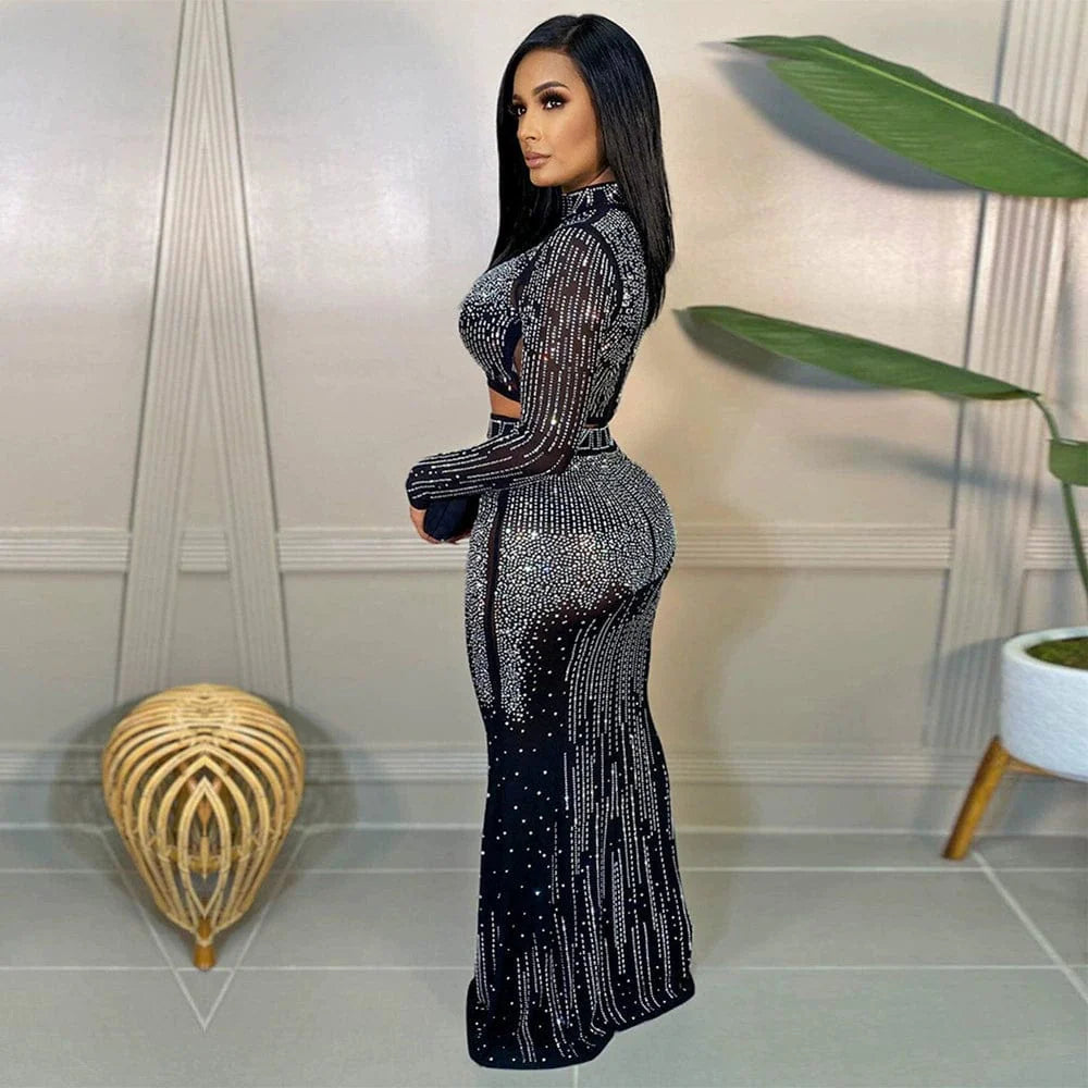 Showlu Fashion sexy mesh long sleeve rhinestone two-piece dress, featuring a fitted design with sparkling embellishments.