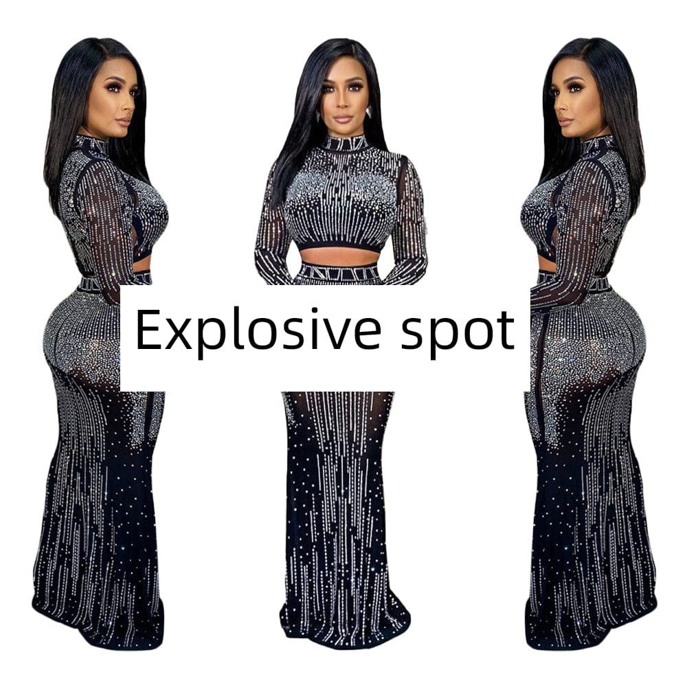 Sexy mesh long sleeve rhinestone two-piece dress by Showlu Fashion, featuring a fitted design and sparkling embellishments.