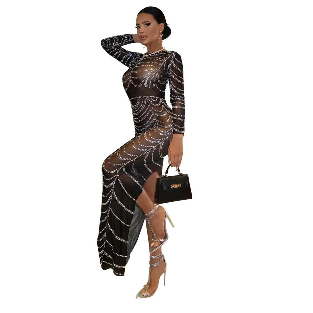 Showlu Fashion women's long party dress with rhinestone mesh patchwork, featuring a sexy, elegant design for special occasions.