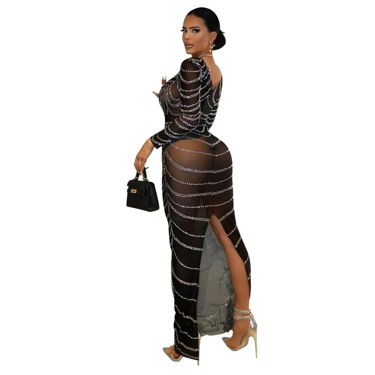 Showlu Fashion women's long party dress with rhinestone mesh patchwork, featuring a sexy, elegant design suitable for special occasions.