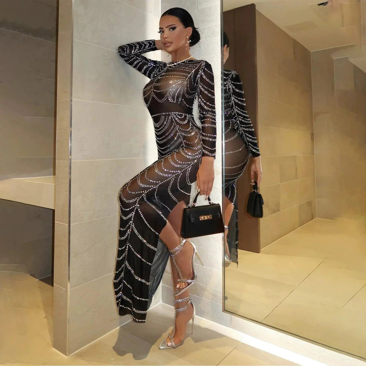 Showlu Fashion women's long party dress with rhinestone mesh patchwork, featuring a sexy, elegant design for special occasions.