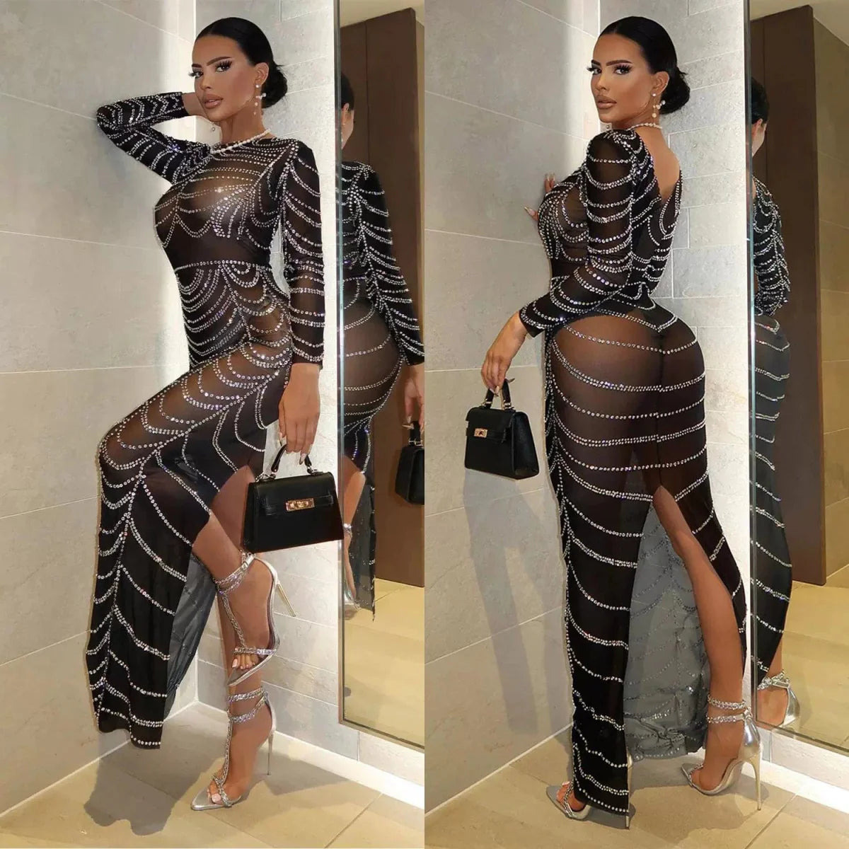 Showlu Fashion women's long party dress with rhinestone mesh patchwork, featuring a sexy, stylish design for evening events
