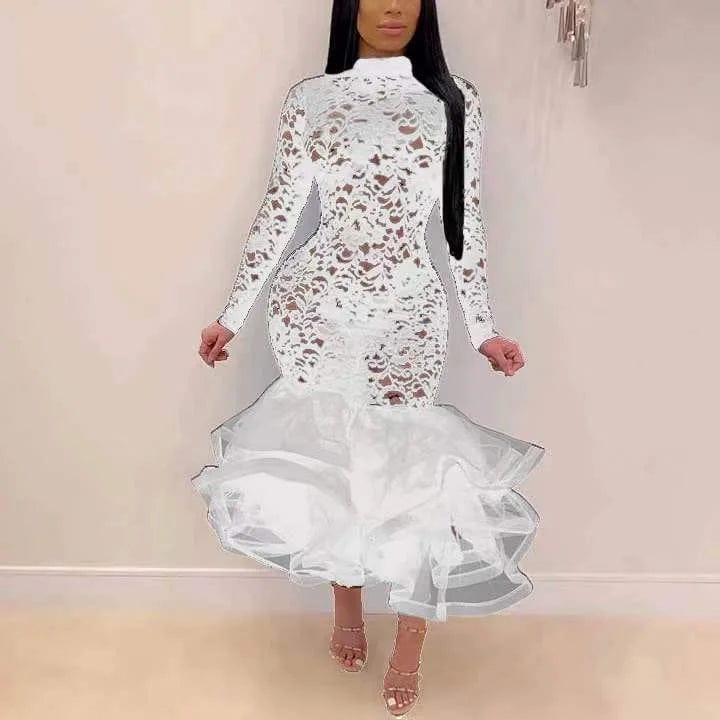 Pink lace mermaid party dress by SHOWLU FASHION, high-waisted bodycon style with long sleeves, perfect for evening events and nightclub wear.