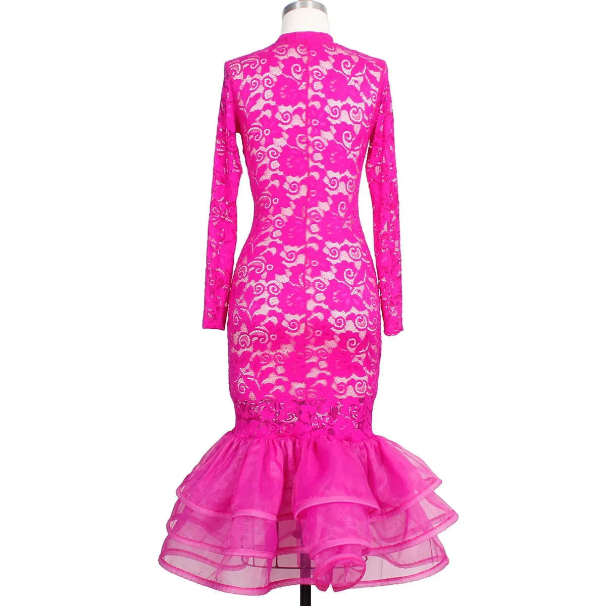 Pink lace mermaid party dress by SHOWLU FASHION, high-waisted bodycon design with long sleeves, perfect for evening and club wear.