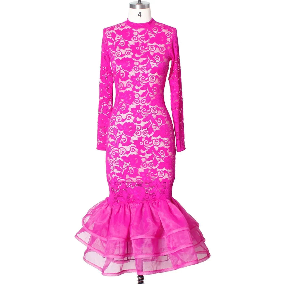 SHOWLU FASHION pink lace mermaid party dress with high waist, long sleeves, fitted bodycon style, ideal for evening and special occasions.